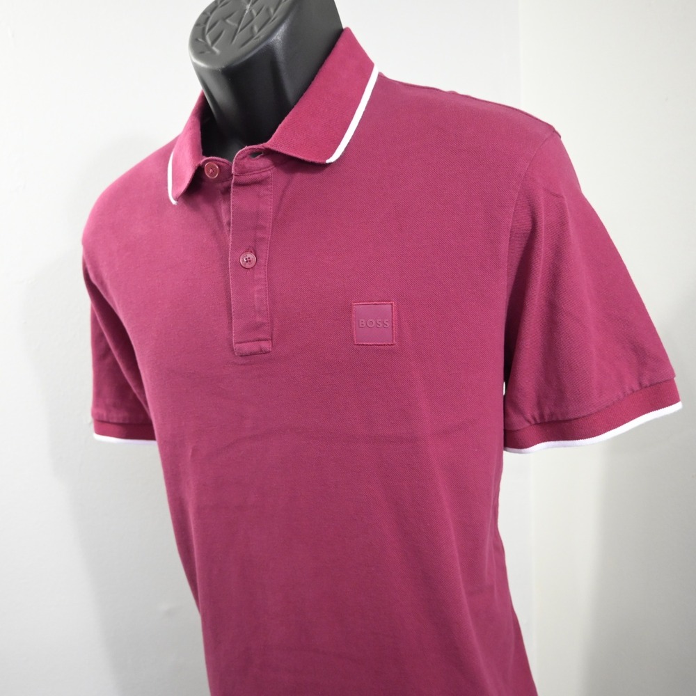 HUGO BOSS Polo Mens XL Slim Fit Burgundy White Tipped Short Sleeve Logo Pique